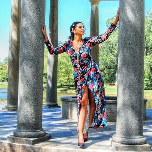 Goddess faux wrap stretch velvet dress